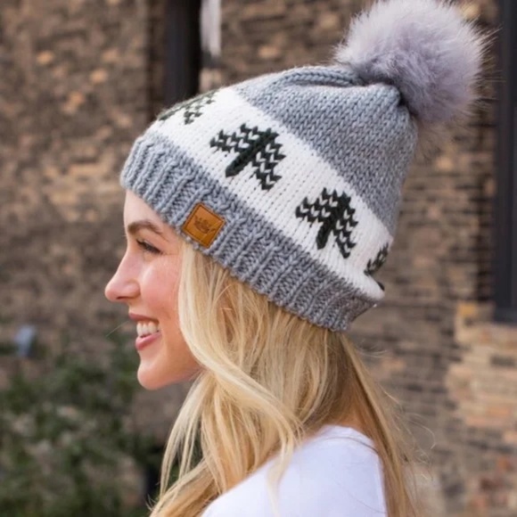 Gray White Green Pine Evergreen Tree Holiday Knit Faux Fur Pom Beanie Winter Hat - Picture 2 of 4